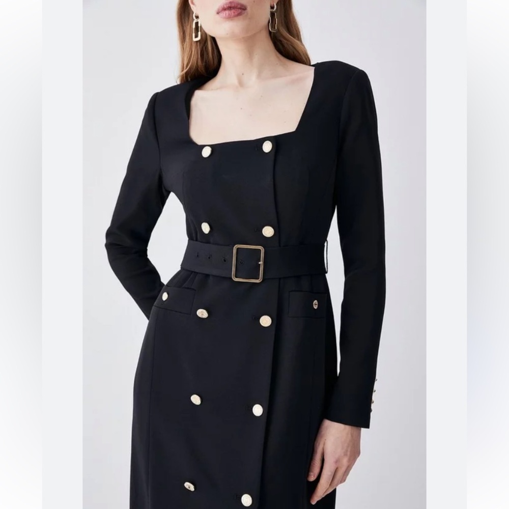 NEW Karen Millen Tailored Tux Belted Gold Button Black Dress NWOT US 8